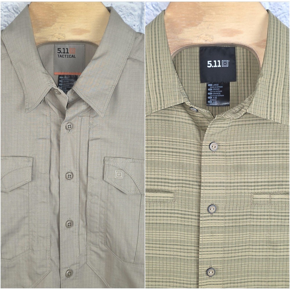 Lot of 2 5.11 Tactical Mens Tan Short Sleeve Button Up Outdoor Shirt Size Large